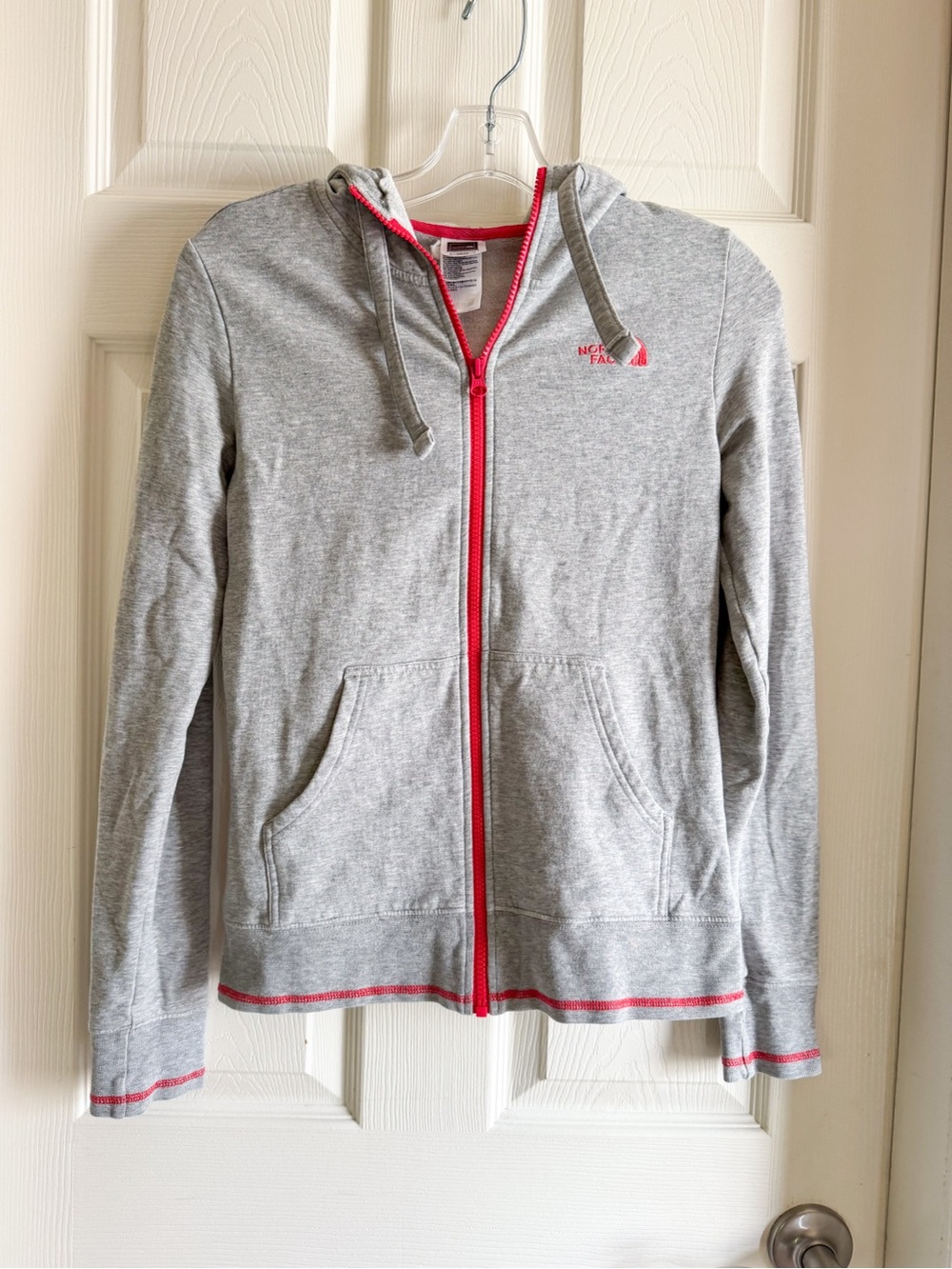 The North Face Womens Full Zip Hoodie XS Heather Grey Pink Logo Sweatshirt
